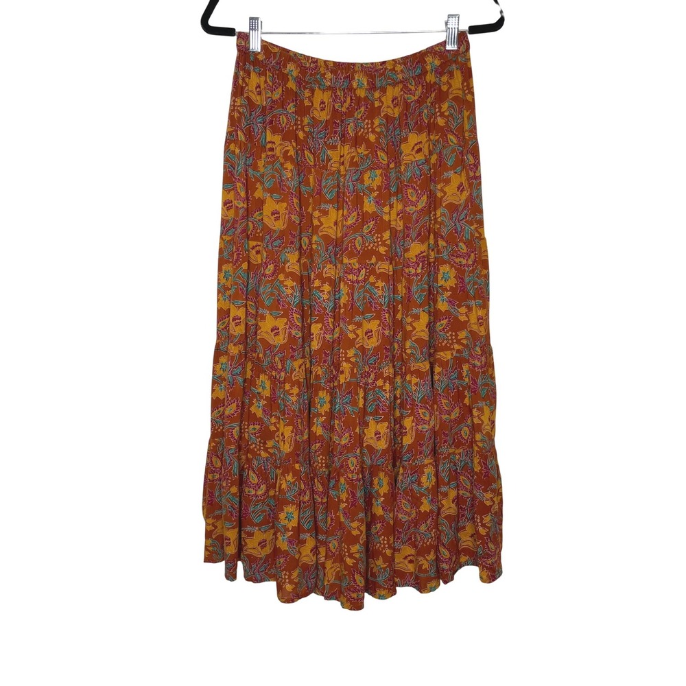 Jennifer & Grace Maxi Skirt Womens M Orange Floral Paisley Tiered Boho Peasant